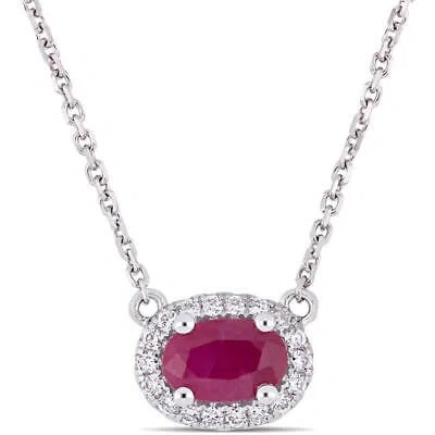 Pre-owned Amour 3/5 Ct Tgw Oval Shape Ruby And 1/10 Ct Tw Diamond Halo Necklace In 14k In White