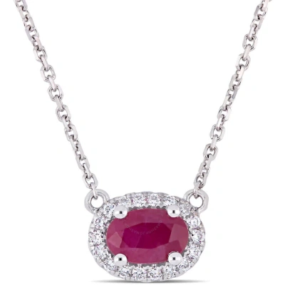 Amour 3/5 Ct Tgw Oval Shape Ruby And 1/10 Ct Tw Diamond Halo Necklace In 14k White Gold In Metallic