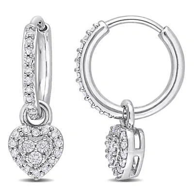 Pre-owned Amour 3/8 Ct Tdw Diamond Halo Heart Huggie Earrings In 10k White Gold