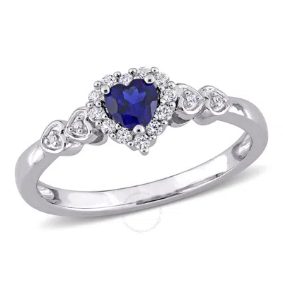 Amour 3/8 Ct Tgw Created Blue Sapphire White Sapphire And Diamond Accent Halo Heart Ring In Sterling In Metallic