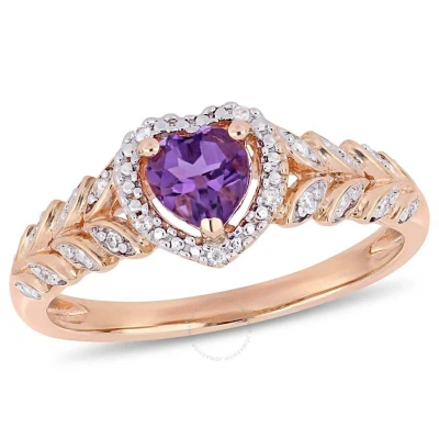 Amour 3/8 Ct Tgw Heart Shaped Amethyst And Diamond Halo Heart Shaped Ring In 10k Rose Gold In Purple