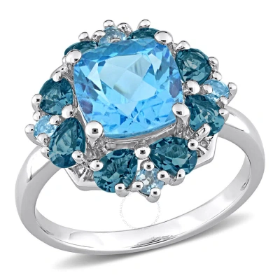 Amour 4 1/10 Ct Tgw Blue Topaz-swiss And Blue Topaz-london Quatrefoil Floral Ring In Sterling Silver In Metallic