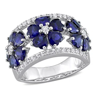 Amour 4 1/2 Ct Tgw Created Blue And White Sapphire Floral Ring In Sterling Silver In Metallic