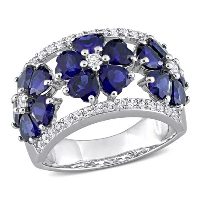 Amour 4 1/2 Ct Tgw Created Blue And White Sapphire Floral Ring In Sterling Silver In ["white"]