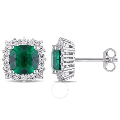 Amour 4 1/3 Ct Tgw Created Emerald And Created White Sapphire Stud Earrings In Sterling Silver In Metallic