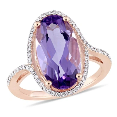 Amour 4 1/3 Ct Tgw Oval Cut Amethyst And 1/5 Ct Tw Diamond Halo Ring In 14k Rose Gold In Rose Gold-tone