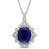 AMOUR AMOUR 4 1/6 CT TGW CREATED BLUE SAPPHIRE AND 1/6 CT TW DIAMOND VINTAGE HALO PENDANT WITH CHAIN IN 10