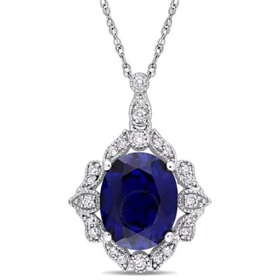 Amour 4 1/6 Ct Tgw Created Blue Sapphire And 1/6 Ct Tw Diamond Vintage Halo Pendant With Chain In 10