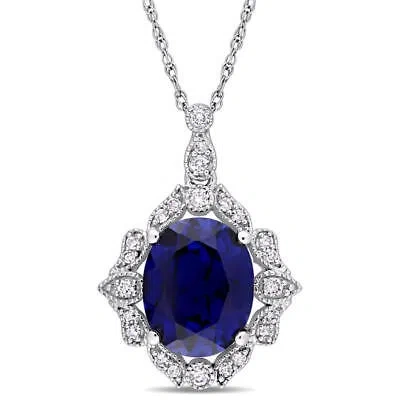 Pre-owned Amour 4 1/6 Ct Tgw Created Blue Sapphire And 1/6 Ct Tw Diamond Vintage Halo In White