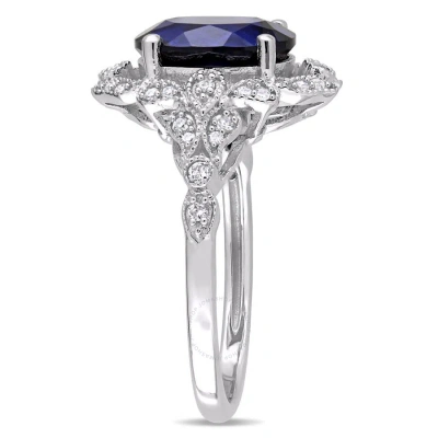 Amour 4 1/6 Ct Tgw Created Sapphire And 1/5 Ct Tw Diamond Vintage Cocktail Ring In 10k White Gold In Blue