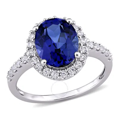 Amour 4 3/4 Ct Tgw Created Blue Sapphire And Created White Sapphire Halo Engagement Ring In 10k Whit