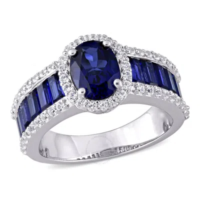 Amour 4 3/4 Ct Tgw Created Blue Sapphire And Created White Sapphire Vintage Halo Ring In Sterling Si In Metallic