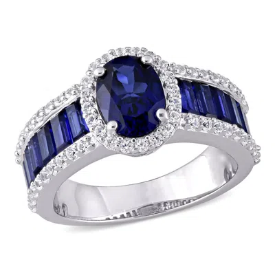 Amour 4 3/4 Ct Tgw Created Blue Sapphire And Created White Sapphire Vintage Halo Ring In Sterling Si In ["white"]