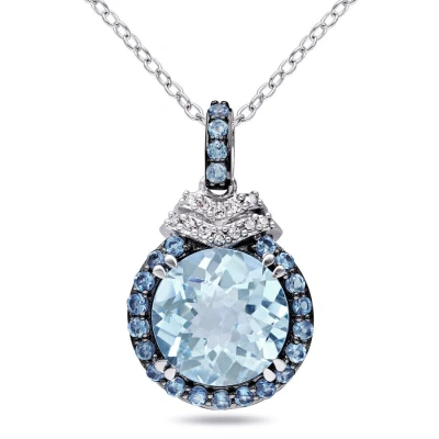 Amour 4 3/4 Ct Tgw Sky And London Blue Topaz And Diamond Halo Pendant With Chain In Sterling Silver In White