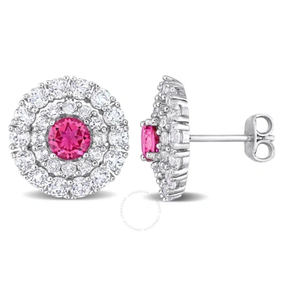 Amour 4 3/8 Ct Tgw Pink Topaz And White Topaz Double Halo Stud Earrings In Sterling Silver In Metallic