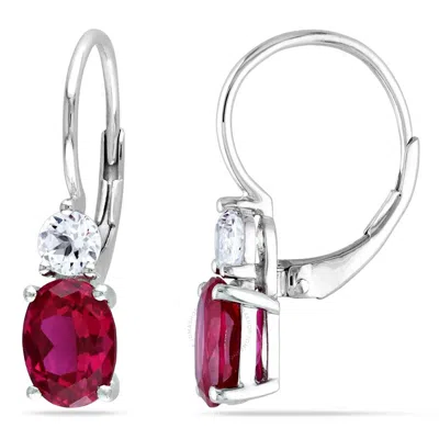 Amour 4 5/8 Ct Tgw Created Ruby And White Sapphire Leverback Earrings In Sterling Silver In Metallic