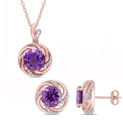 Amour 4 7/8 Ct Tgw Amethyst White Topaz And Diamond Accent Swirl Halo Necklace And Stud Earrings Set In Pink