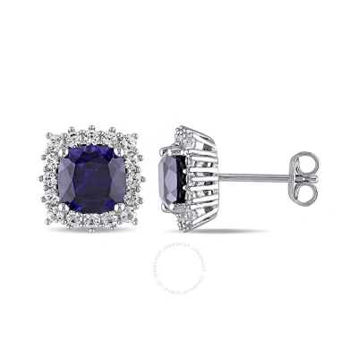 Amour 4 7/8 Ct Tgw Created Blue And White Sapphire Stud Earrings In Sterling Silver In Metallic