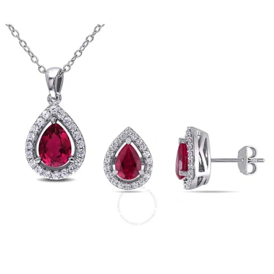 Amour 4 7/8 Ct Tgw Created Ruby And Created White Sapphire Teardrop Halo Pendant With Chain And Stud In Ruby / Silver / Spring / White