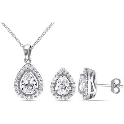 Amour 4 7/8 Ct Tgw Created White Sapphire Teardrop Halo Pendant With Chain And Stud Earrings 2-piece