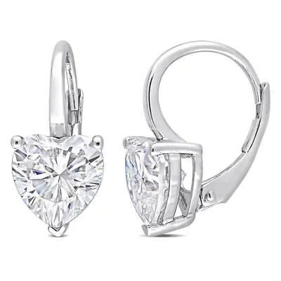 Pre-owned Amour 4 Ct Dew Created Moissanite Heart Leverback Earrings In Sterling Silver In White
