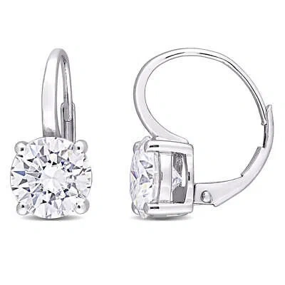 Pre-owned Amour 4 Ct Dew Created Moissanite Leverback Earrings In 14k White Gold