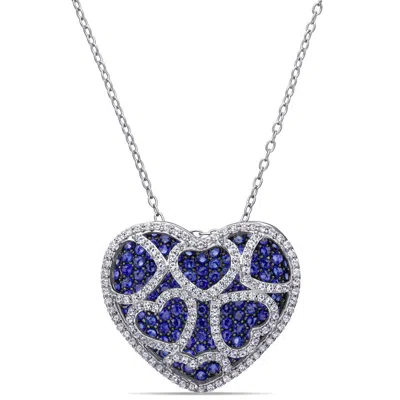 Amour 4 Ct Tgw Created Blue And Created White Sapphire Heart Cluster Necklace In Sterling Silver
