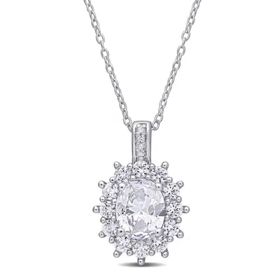 Amour 4 Ct Tgw Created White Sapphire And Diamond Accent Floral Halo Pendant With Chain In Sterling  In Metallic