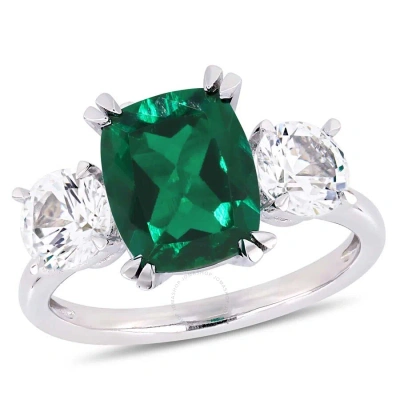 Amour 4 Ct Tgw Cushion-cut Created Emerald And Created White Sapphire Three-stone Ring In 10k White  In Green