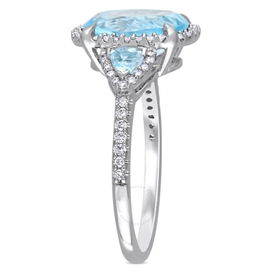 Amour 4 Ct Tgw Sky-blue Topaz And 1/4 Ct Tw Diamond 3-stone Halo Ring In 14k White Gold