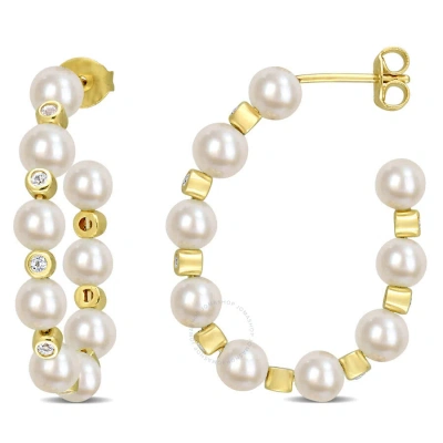 Amour 4.5-5mm Freshwater Cultured Pearl And 1/2 Ct Tgw White Topaz Beaded Hoop Earrings In Yellow Pl