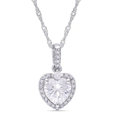 Amour 4/5 Ct Dew Created Moissanite And 1/10 Ct Tw Diamond Heart Halo Pendant With Chain In 10k Whit In White
