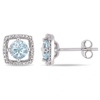 Pre-owned Amour 4/5 Ct Tgw Aquamarine And Diamond Square Halo Stud Earrings In 10k White