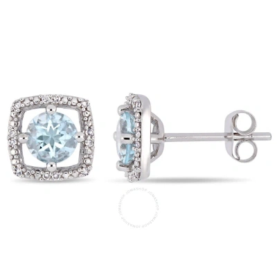 Amour 4/5 Ct Tgw Aquamarine And Diamond Square Halo Stud Earrings In 10k White Gold In Metallic