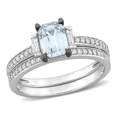 Amour 4/5 Ct Tgw Blue Sapphire And 3/8 Ct Tw Baguette And Round Diamonds Bridal Ring Set In 14k Whit In White