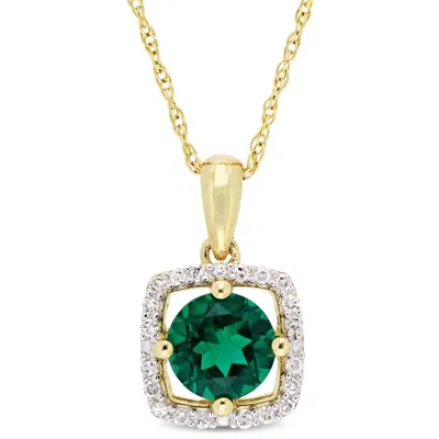 Amour 4/5 Ct Tgw Created Emerald And 1/10 Ct Tw Diamond Square Halo Pendant With Chain In 10k Yellow In Gold
