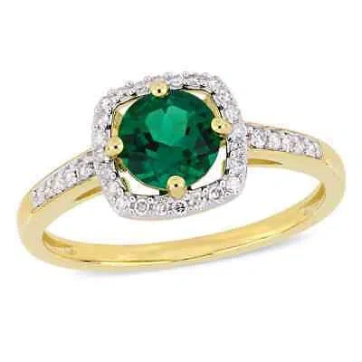 Pre-owned Amour 4/5 Ct Tgw Created Emerald And 1/7 Ct Tw Diamond Halo Ring In 10k Yellow In Check Description
