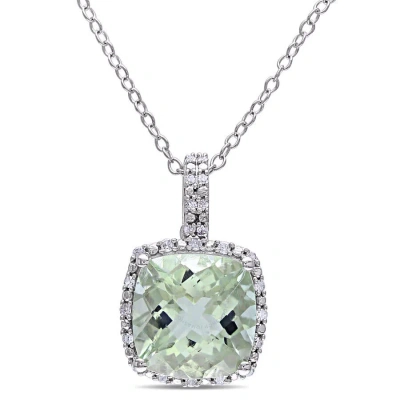 Amour 4ct Tgw Green Quartz Cushion Cut And 1/10ct Tdw Diamond Halo Pendant With Chain In Sterling Si In White
