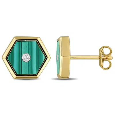 Amour 4ct Tgw Malachite And Diamond Accent Hexagon Stud Earrings In Yellow Plated Sterling Silver In Gold