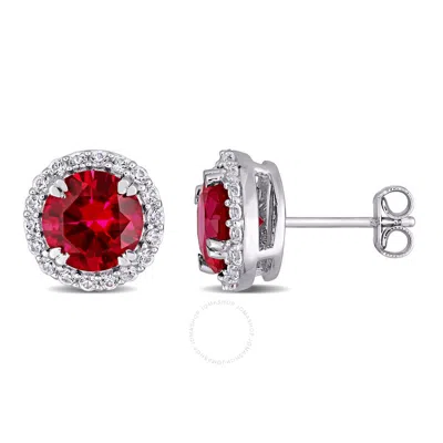 Amour 5 1/2 Ct Tgw Created Ruby Created White Sapphire Circular Halo Stud Earrings In Sterling Silve In Burgundy