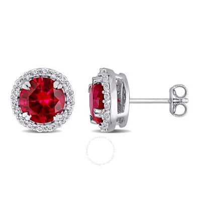 Amour 5 1/2 Ct Tgw Created Ruby Created White Sapphire Circular Halo Stud Earrings In Sterling Silve