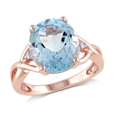 Amour 5 1/2 Ct Tgw Oval Blue Topaz And Diamond Twist Split Shank Cocktail Ring In Rose Plated Sterli In Pink