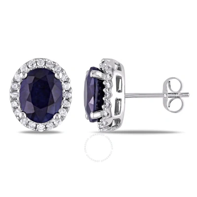 Amour 5 1/3 Ct Tgw Oval Diffused Sapphire And 3/8 Ct Tw Diamond Halo Earrings In 14k White Gold In Blue