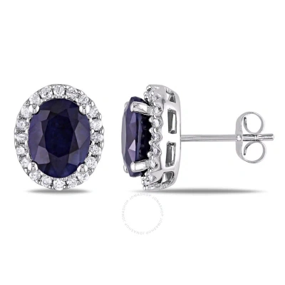 Amour 5 1/3 Ct Tgw Oval Diffused Sapphire And 3/8 Ct Tw Diamond Halo Earrings In 14k White Gold