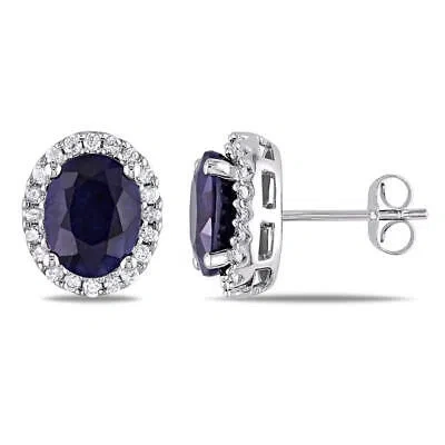 Pre-owned Amour 5 1/3 Ct Tgw Oval Diffused Sapphire And 3/8 Ct Tw Diamond Halo Earrings In In White