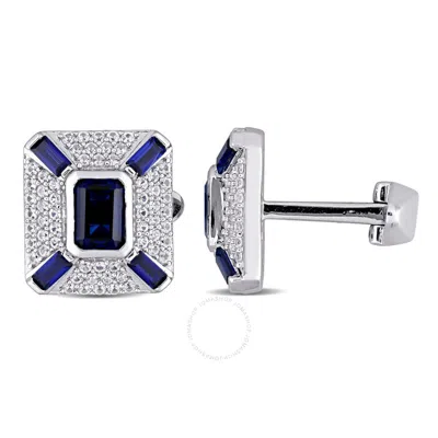 Amour 5 1/4 Ct Tgw Created Blue Sapphire Created White Sapphire Geometric Cufflinks In Sterling Silv In Neutral