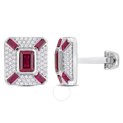 Amour 5-1/4ct Tgw Octagon And Baguette-cut Created Ruby And Created White Sapphire Cufflinks In Ster