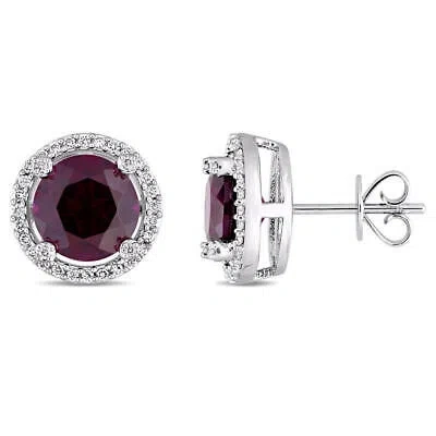 Pre-owned Amour 5 1/5 Ct Tgw Rhodolite And 1/4 Ct Tdw Diamond Stud Earrings In 14k White