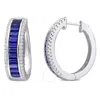 AMOUR AMOUR 5 1/8 CT TGW BAGUETTE CREATED BLUE SAPPHIRE CREATED WHITE SAPPHIRE HOOP EARRINGS IN STERLING S