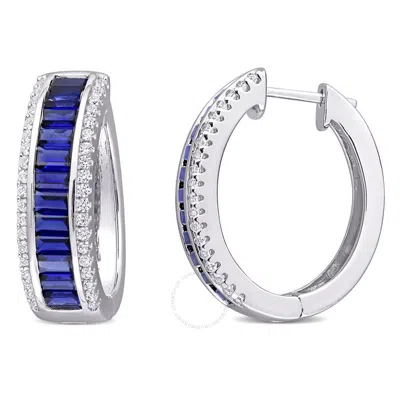 Amour 5 1/8 Ct Tgw Baguette Created Blue Sapphire Created White Sapphire Hoop Earrings In Sterling S